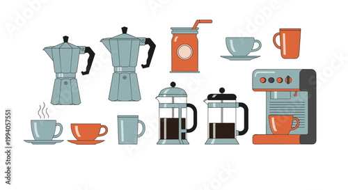 Comprehensive set of coffee equipment including moka pots, french presses, espresso machine, mugs, and cups in blue and orange.