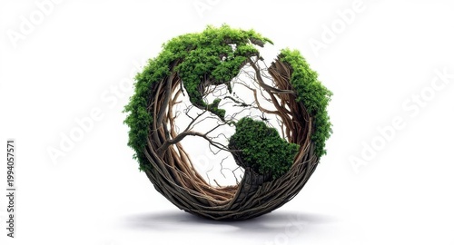 Green Earth Concept with Tree Branches and Leaves on White Background