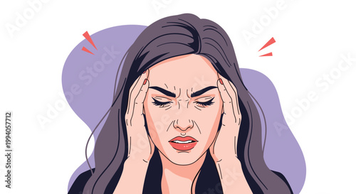 Young woman holding her head with eyes closed showing signs of severe headache stress or migraine on purple background.