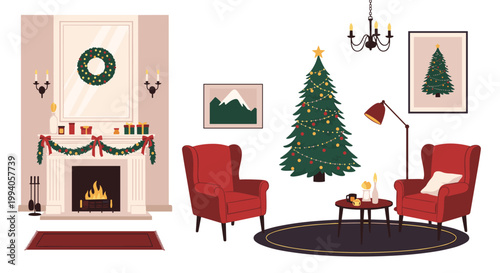 Cozy interior design of living room decorated for christmas featuring fireplace lighted tree and red armchairs for holidays.