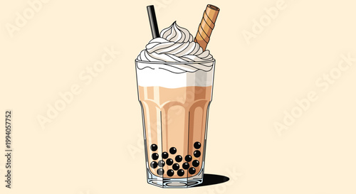Glass of delicious boba milk tea topped with whipped cream and wafer stick served with straw on light background.