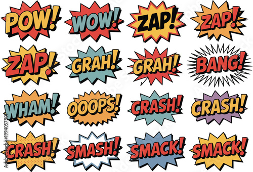 Fotografía Comic book sound effects vector, illustration, colorful pop art typography with explosive speech bubbles and action words for dynamic comic and graphic design use