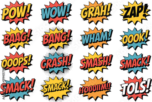 Comic book sound effects vector, illustration, bright cartoon speech bubbles featuring pow wow zap bang wham crash smack splash kaboom for pop art action design.