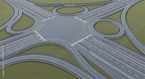 Complex highway interchange with multiple lanes and roundabouts.