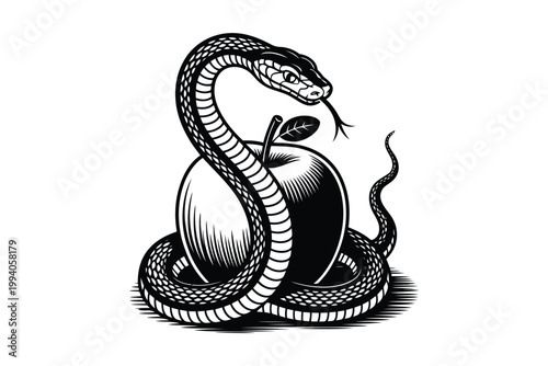 Snake wrapped around apple, a powerful symbol of temptation and knowledge.