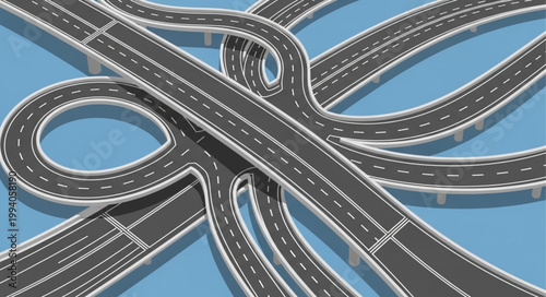 Complex highway interchange with multiple lanes and ramps.