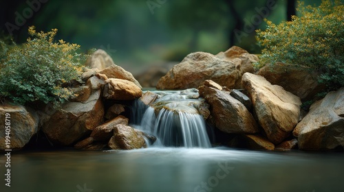 Tranquil Waterfall Cascading Over Smooth Rocks Surrounded by Lush Greenery in a Serene Natural Landscape