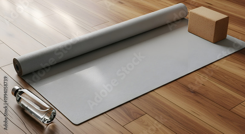Yoga mat and accessories on floor.