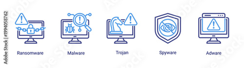 Malware attack icon set featuring ransomware,trojan and spyware threats.Ideal for cybersecurity risk,hacking concept and digital security visuals.