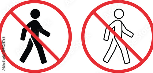 No walking, Prohibition signs set, walking and running forbidden icons for restricted areas safety rules and public space warning design.