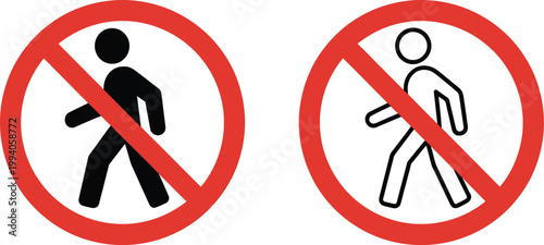 No walking and no running signs, prohibition vector icons for restricted areas safety compliance and public warning system design.
