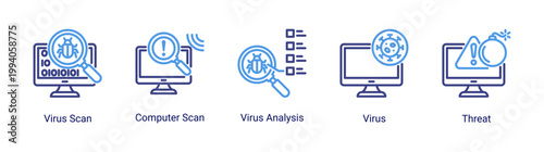Virus scan icon set featuring computer scan and malware analysis.Ideal for antivirus software and system security monitoring concepts.