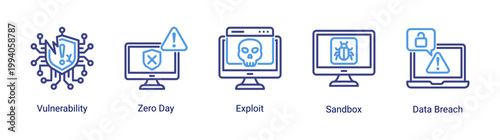 Vulnerability icon set featuring zero day,exploit and data breach.Ideal for cybersecurity analysis and threat detection concepts.