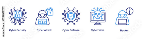 Cyber defense icon set featuring hacker,cyber attack and cybercrime concepts.Perfect for cybersecurity services and network protection visuals.