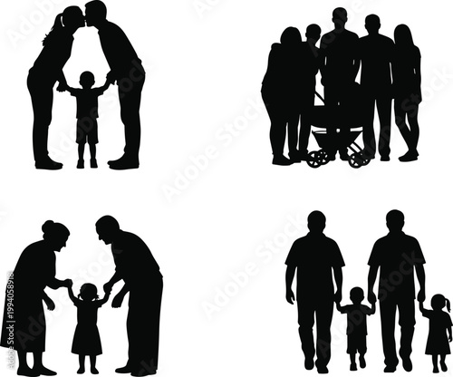Family silhouettes showing love, parenting, grandparents bonding, and extended relatives gathering together in lifestyle vector illustration