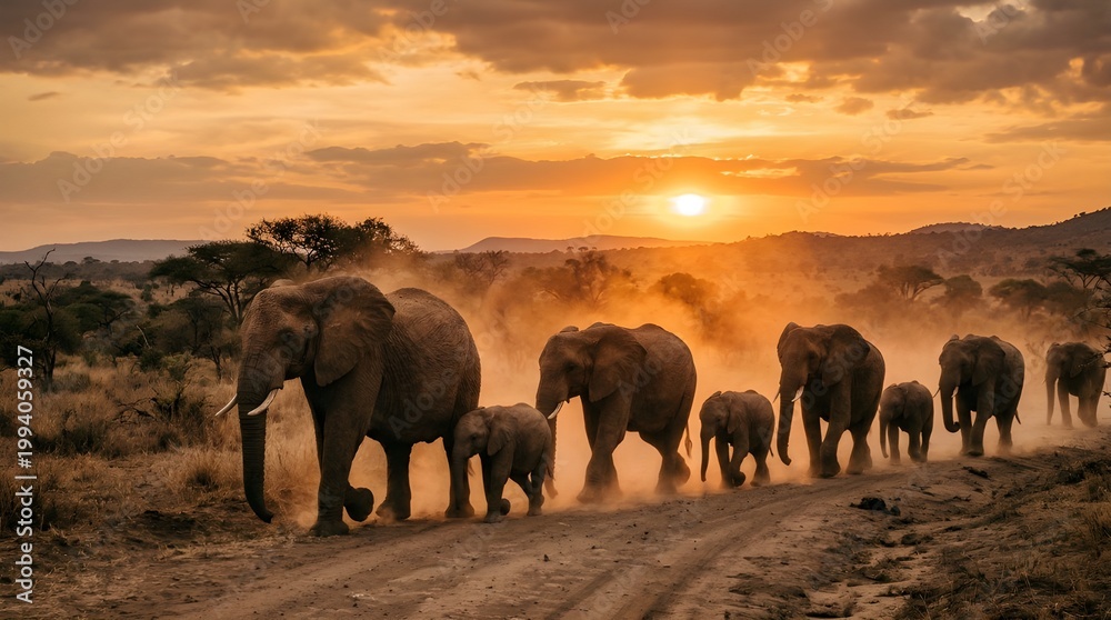 Fototapeta premium Elephant family walking together across dry land during sunset, symbolizing unity and strength in nature.