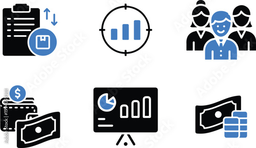 Modern business icons set in blue and black, 6 professional financial and management vector elements, corporate data analysis and teamwork graphics