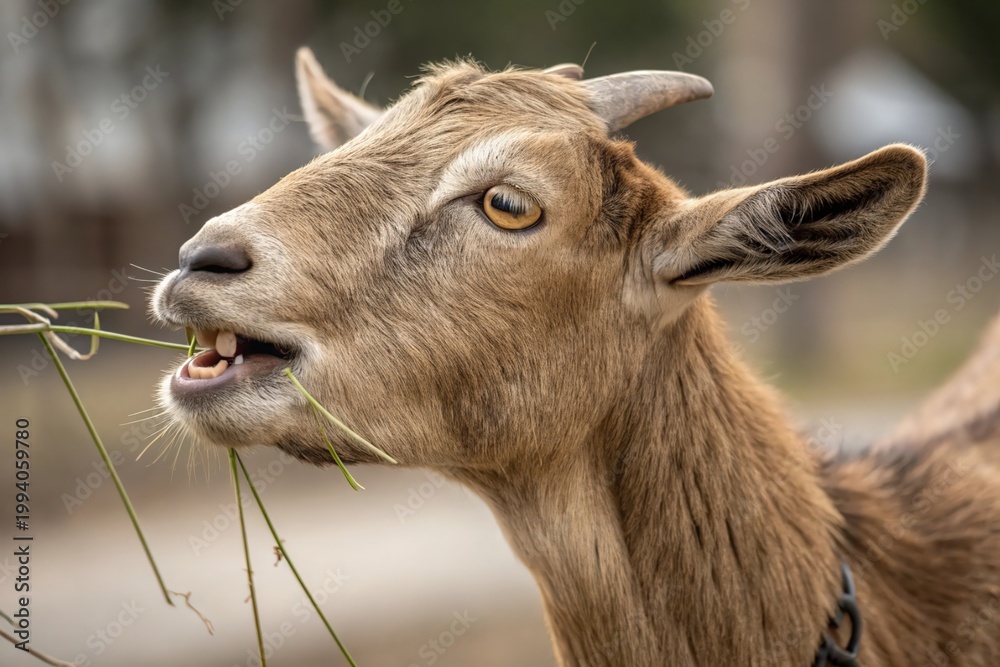 Fototapeta premium Brown goat chews green grass with gentle expression