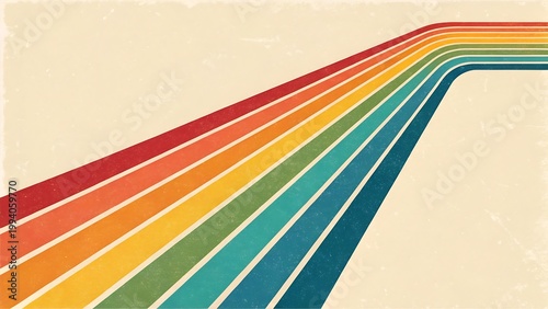 Minimalist 1970s graphic design featuring vibrant rainbow colored stripes moving diagonally on vintage paper