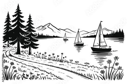 Summer lake landscape with pine trees, mountains, sailing boats and wildflowers.