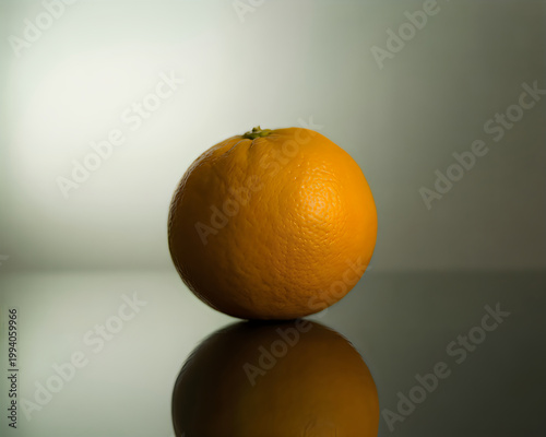 A single ripe orange fruit sitting on a reflective surface with soft lighting