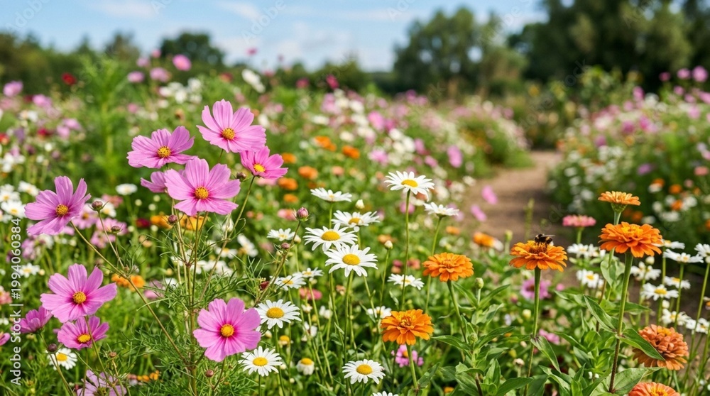 Fototapeta premium Vibrant Meadow Bursting with Colorful Wildflowers and a Bumblebee