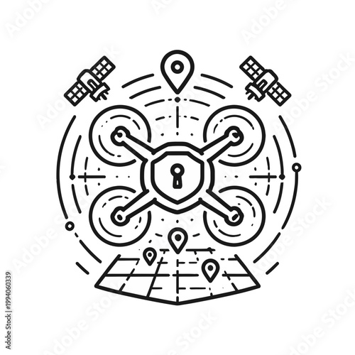 Drone security and surveillance technology with satellite tracking and geolocation markers, illustrating modern aerial monitoring systems