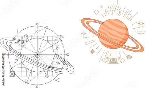 Saturn Planet Vector Illustration with Geometric Orbit Diagram and Minimal Space Elements for Astronomy Design, Cosmic Art, Science Education, and Futuristic Graphics