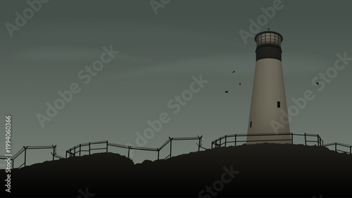 Minimalist lighthouse illustration at night with coastal fence and flying birds under cloudy dark sky in flat vector style for maritime navigation concept and ocean scenery background design.
