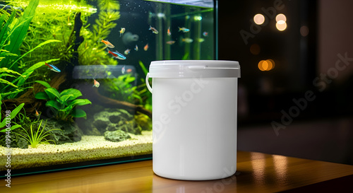 White bucket on wooden table indoor.