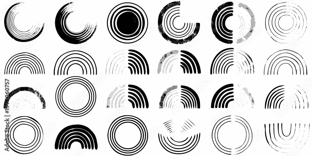 Fototapeta premium Abstract arrangement of black and white circular brushstroke patterns