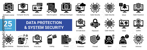 Data protection icon set with encryption, firewall, authentication, antivirus and privacy. Perfect for cybersecurity, secure access, network defense and digital data security.