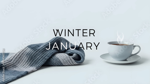 A cozy scene with a soft gray knitted scarf and a warm cup of coffee.