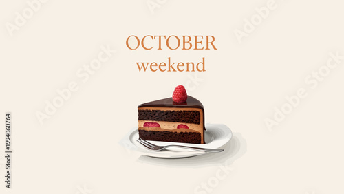 A single slice of rich chocolate cake topped with a fresh red strawberry served on a white plate with a silver fork.
