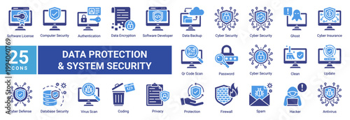 Data protection icon set with encryption, firewall, authentication, antivirus and privacy. Perfect for cybersecurity, secure access, network defense and digital data security.