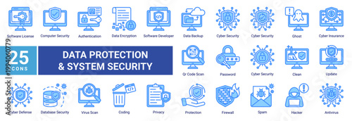 Data protection icon set with encryption, firewall, authentication, antivirus and privacy. Perfect for cybersecurity, secure access, network defense and digital data security.
