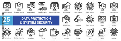 Data protection icon set with encryption, firewall, authentication, antivirus and privacy. Perfect for cybersecurity, secure access, network defense and digital data security.