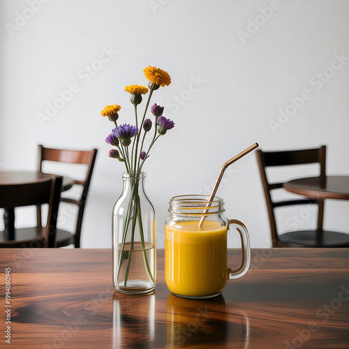Glass of orange smoothie and a small vase of wildflowers on a wooden table