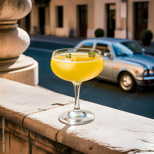 Refreshing yellow cocktail in a glass on a ledge with a blurred street scene