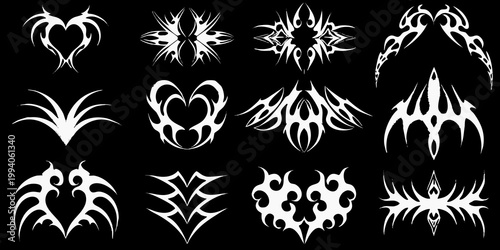 Collection of striking white tribal flame and heart shaped designs