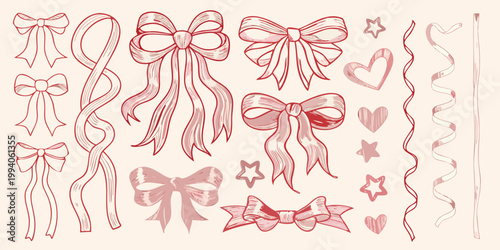 Εκτύπωση καμβά Collection of hand drawn bows ribbons and decorative elements in pink