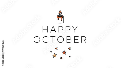 Happy October greeting text with a burning candle icon and small stars.
