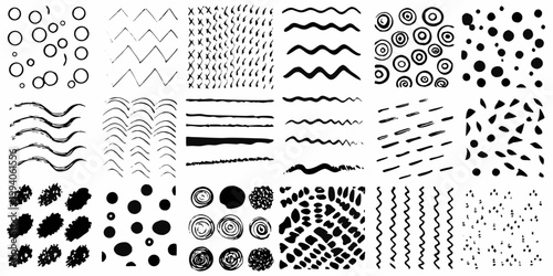 Collection of abstract black and white hand drawn doodle patterns