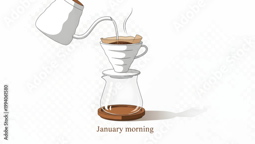 Hand drawn illustration of manual coffee brewing with a V60 dripper.