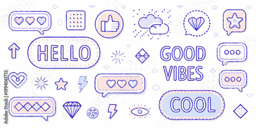 Colorful doodle icons representing social media positivity and communication