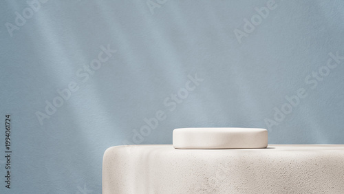 Minimal podium with blue tone background and soft lighting. 3D render studio setup for product mockup and branding visuals.
