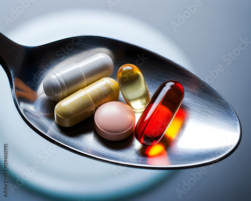 Assorted pills and capsules on a spoon, representing medicine and health.