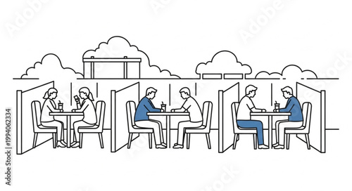 People dining at tables with social distancing dividers.