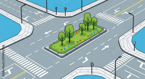 Green island with trees in the middle of a city intersection.