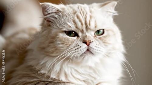 Close-up portrait of a fluffy white and beige cat with green eyes against a blurred beige background.